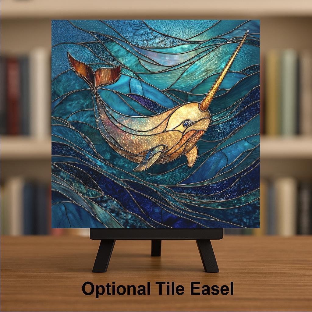 Narwhal Wall Art Ceramic Tile Stained Glass Style Ocean Decor Coastal Marine Life Beach House Gift Tile