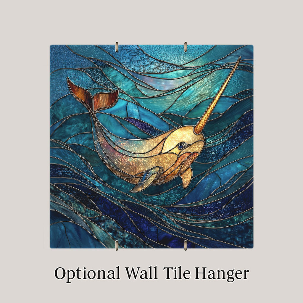 Narwhal Wall Art Ceramic Tile Stained Glass Style Ocean Decor Coastal Marine Life Beach House Gift Tile