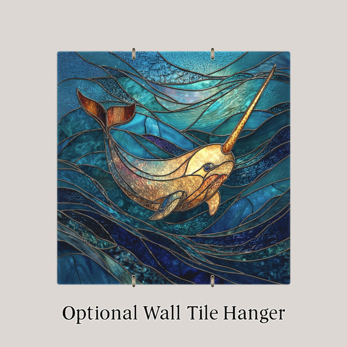 Narwhal Wall Art Ceramic Tile Stained Glass Style Ocean Decor Coastal Marine Life Beach House Gift Tile