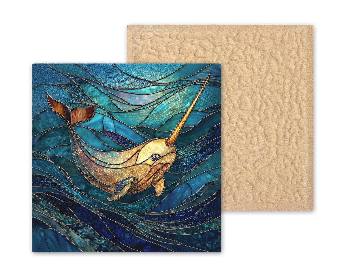 Narwhal Wall Art Ceramic Tile Stained Glass Style Ocean Decor Coastal Marine Life Beach House Gift Tile