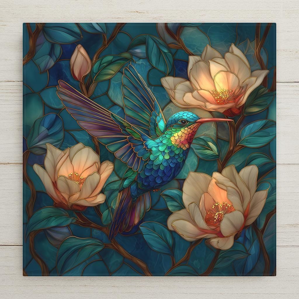 Stained glass style ceramic tile featuring a vibrant emerald and sapphire hummingbird hovering among glowing ivory magnolia flowers. Deep teal background with golden leading creates dramatic botanical wall art perfect for bird lovers and nature home decor.