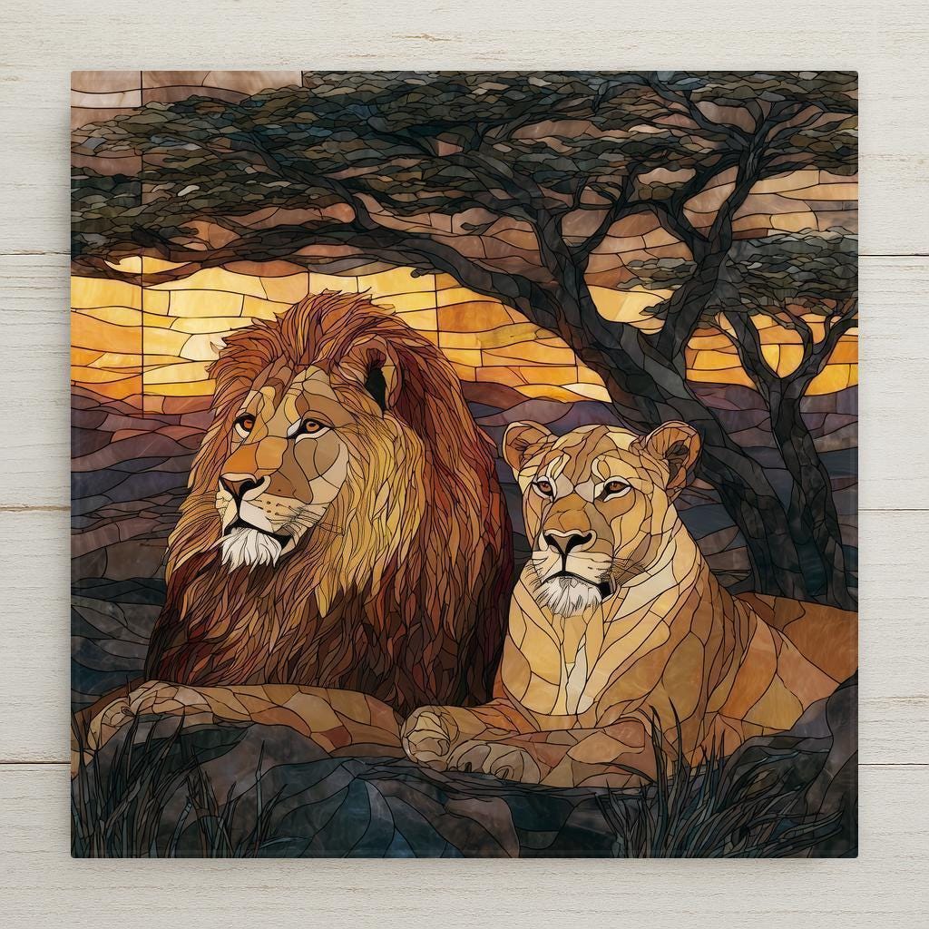 Lion and lioness ceramic tile wall art in a stained glass style wildlife scene, symbolizing strength, partnership, and protection. Permanent high-resolution ceramic print with optional tile wall hanger, easel stand, cork backing, or premium frame for wall or tabletop display.