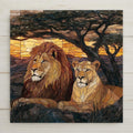 Lion and lioness ceramic tile wall art in a stained glass style wildlife scene, symbolizing strength, partnership, and protection. Permanent high-resolution ceramic print with optional tile wall hanger, easel stand, cork backing, or premium frame for wall or tabletop display.