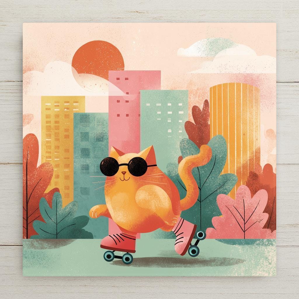 A wall art ceramic tile featuring an orange cat wearing sunglasses and roller skates, set against a colorful cityscape with pink, yellow, and blue buildings. The background includes a setting sun and leafy elements. A second tile with a textured, beige surface is also visible.