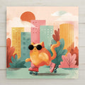 A wall art ceramic tile featuring an orange cat wearing sunglasses and roller skates, set against a colorful cityscape with pink, yellow, and blue buildings. The background includes a setting sun and leafy elements. A second tile with a textured, beige surface is also visible.