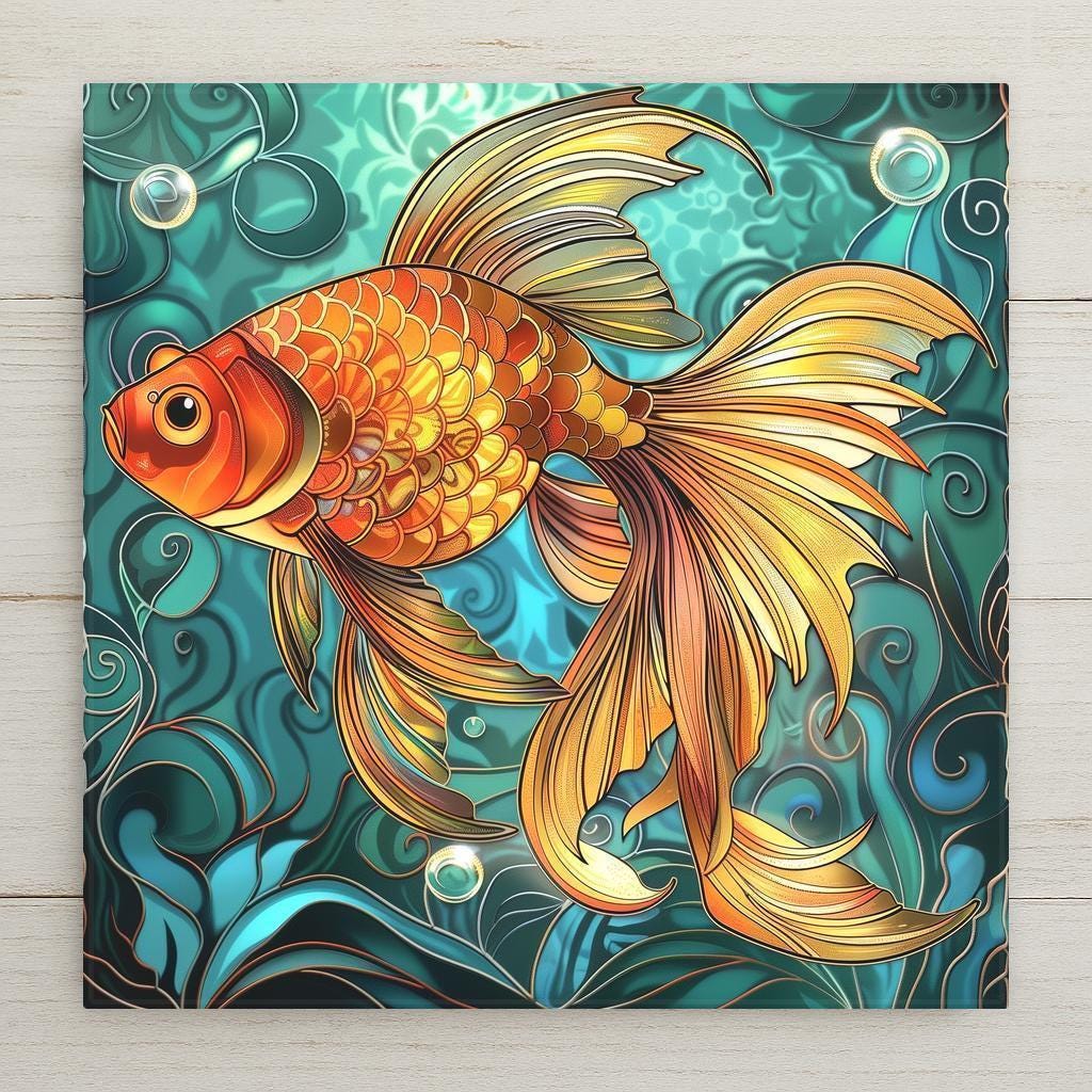 This vibrant goldfish tile looks like stained glass but is a printed design on ceramic. Perfect for spa decor, nature lovers, or boho wall art. Printed with premium inks for lasting color. Optional cork backing, wall hanger, and stand available.