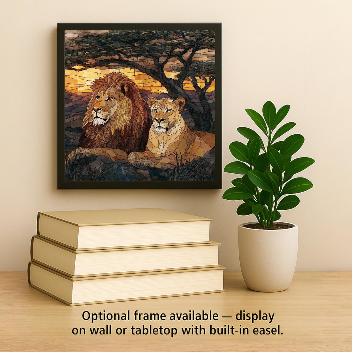 Lioness & Lion Wall Art Ceramic Tile – Stained Glass Style Wildlife Wall Decor, Symbol of Strength Partnership, Meaningful Home Decor Gift