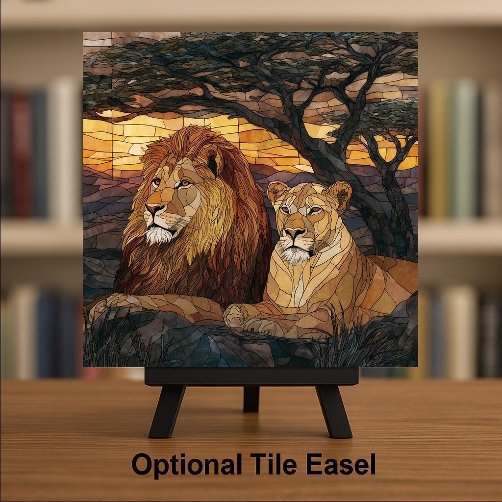 Lioness & Lion Wall Art Ceramic Tile – Stained Glass Style Wildlife Wall Decor, Symbol of Strength Partnership, Meaningful Home Decor Gift