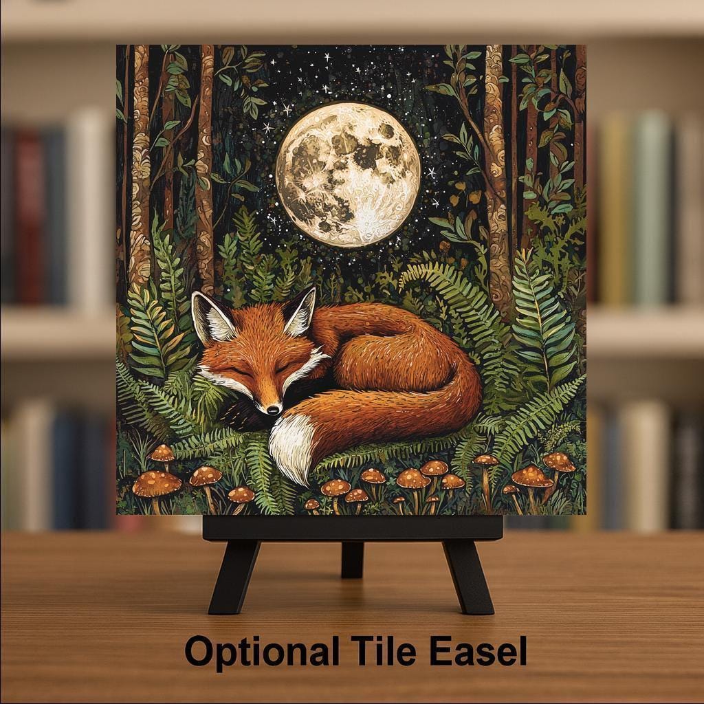 Moon Fox Stained Glass Style Ceramic Art Tile: Night Sky Wall Decor Mystical Home Decor Celestial Wall Art Boho Fox Woodland Moon Celesti