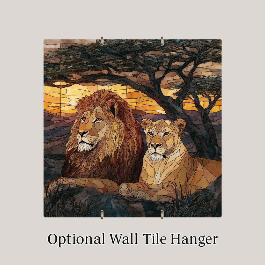 Lioness & Lion Wall Art Ceramic Tile – Stained Glass Style Wildlife Wall Decor, Symbol of Strength Partnership, Meaningful Home Decor Gift