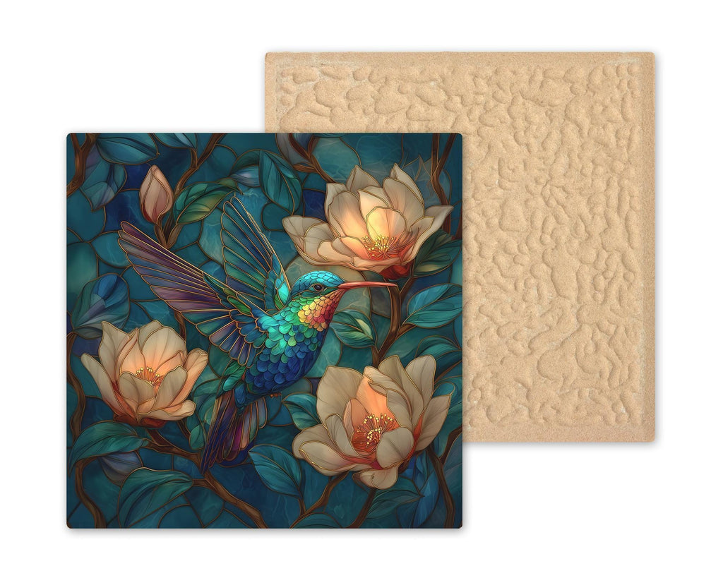 Hummingbird Stained Glass Style Ceramic Art Tile – Magnolia Botanical Wall Decor, Garden Bird Lover Gift