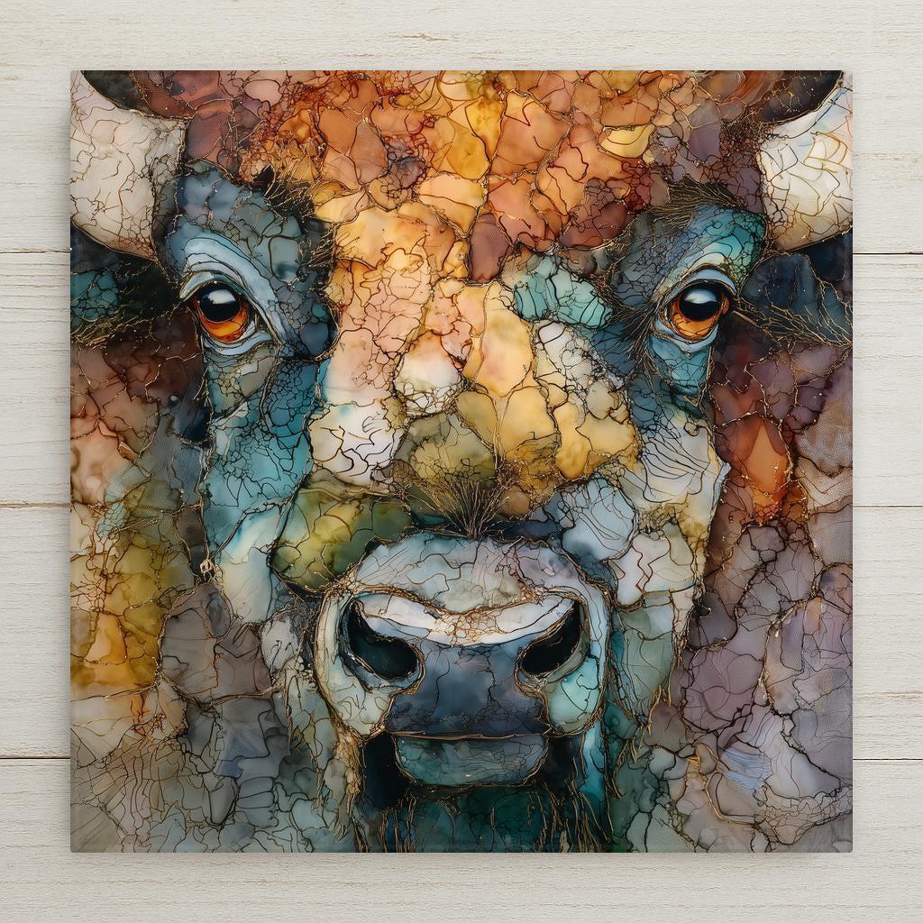 Close-up buffalo ceramic tile artwork in a stained glass style, featuring rich earth tones, expressive eyes, and mosaic-inspired textures. A bold bison wall art design ideal for rustic western and farmhouse decor.