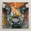 Close-up buffalo ceramic tile artwork in a stained glass style, featuring rich earth tones, expressive eyes, and mosaic-inspired textures. A bold bison wall art design ideal for rustic western and farmhouse decor.