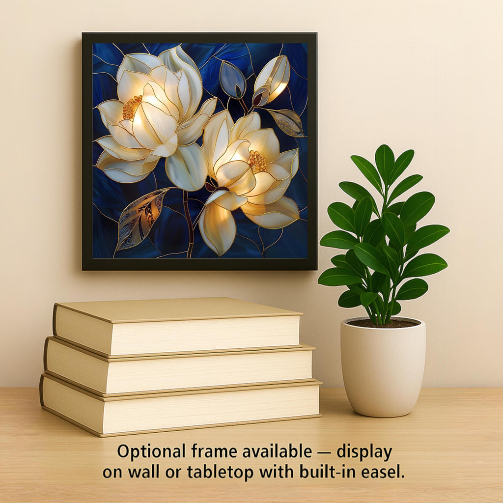 White Magnolia Wall Art Ceramic Tile – Stained Glass Blue Floral Decor, Elegant Botanical Home Decor