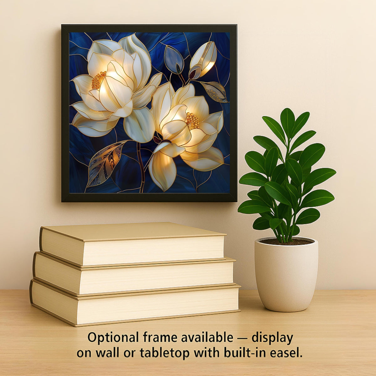 White Magnolia Wall Art Ceramic Tile – Stained Glass Blue Floral Decor, Elegant Botanical Home Decor