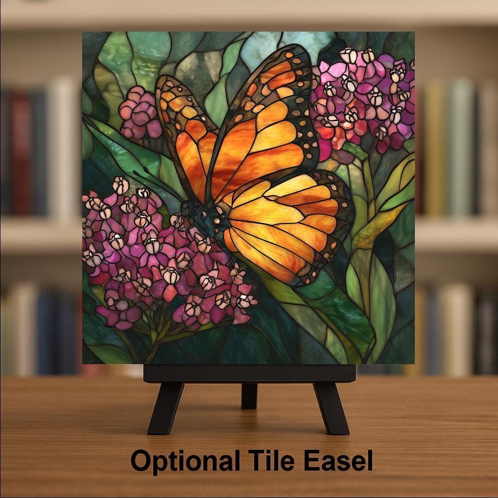 Monarch Butterfly Wall Art Ceramic Tile Stained Glass Style Floral Decor Orange Butterfly Garden Art Cottage Gift Tile