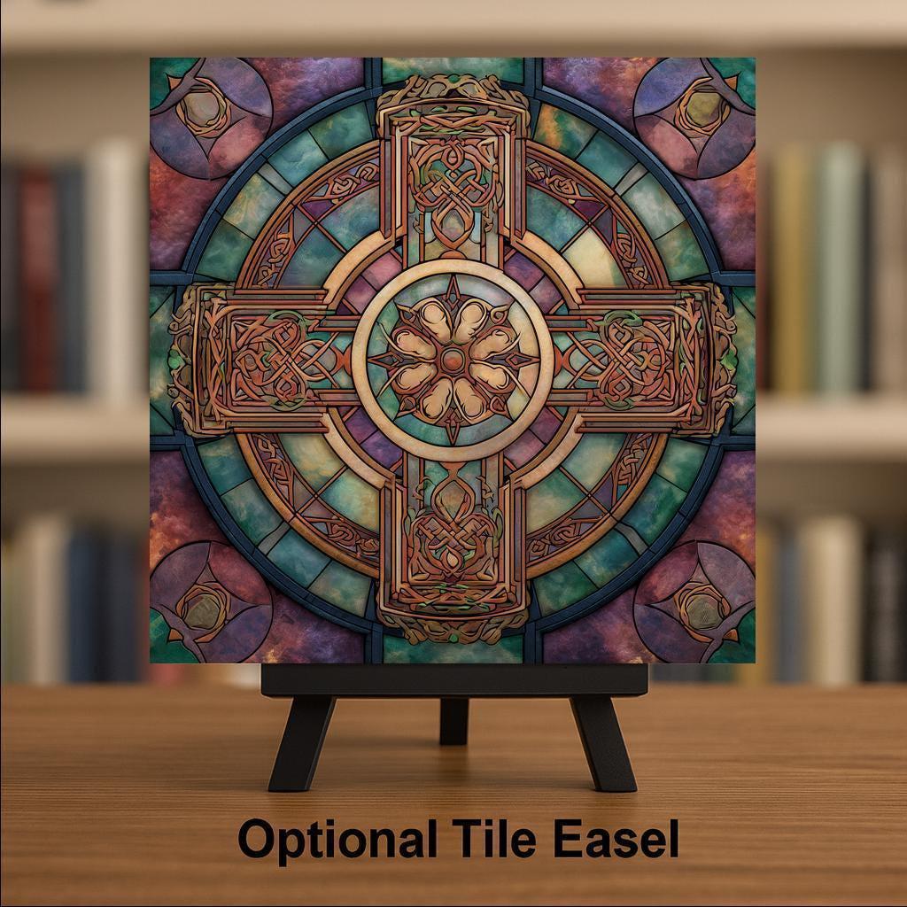 Celtic Cross Ceramic Tile Wall Art – Stained Glass Style Irish Knot Design, Spiritual Wall Decor, Medieval Christian Home Decor