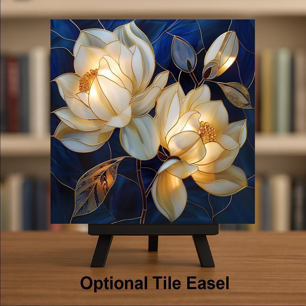 White Magnolia Wall Art Ceramic Tile – Stained Glass Blue Floral Decor, Elegant Botanical Home Decor