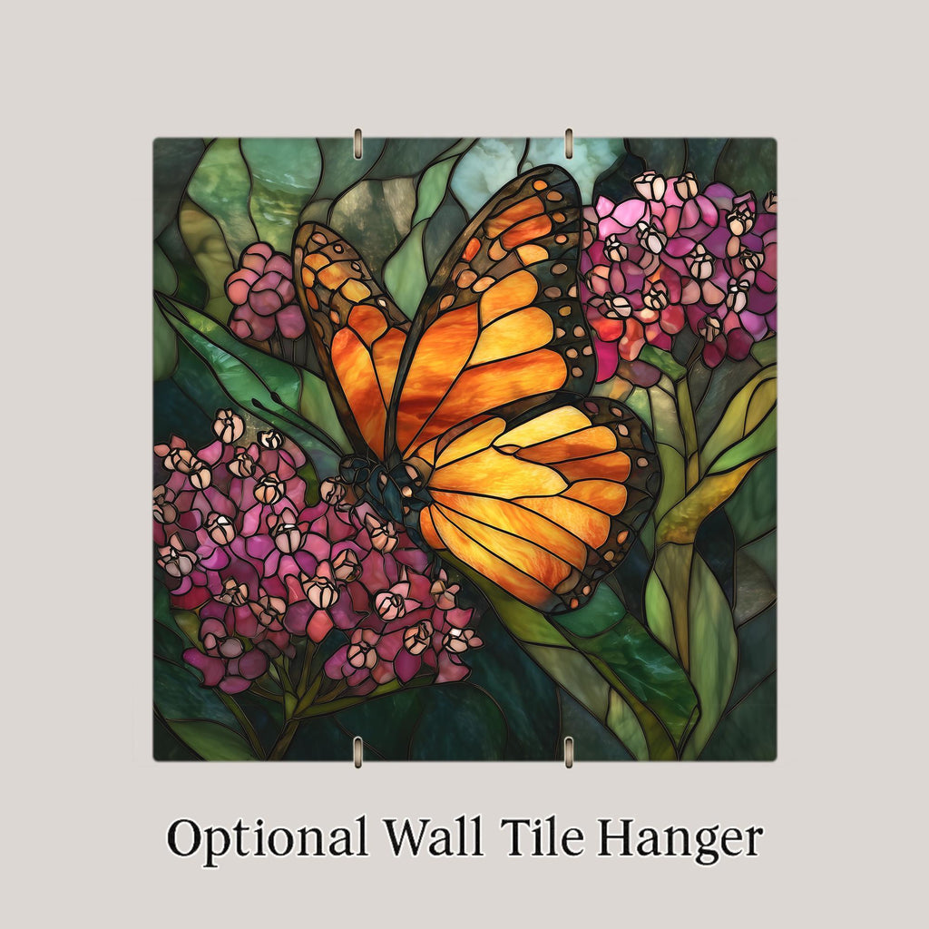 Monarch Butterfly Wall Art Ceramic Tile Stained Glass Style Floral Decor Orange Butterfly Garden Art Cottage Gift Tile