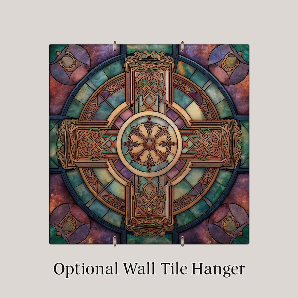 Celtic Cross Ceramic Tile Wall Art – Stained Glass Style Irish Knot Design, Spiritual Wall Decor, Medieval Christian Home Decor