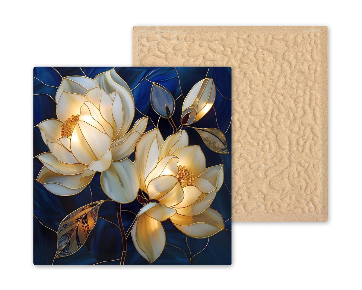 White Magnolia Wall Art Ceramic Tile – Stained Glass Blue Floral Decor, Elegant Botanical Home Decor