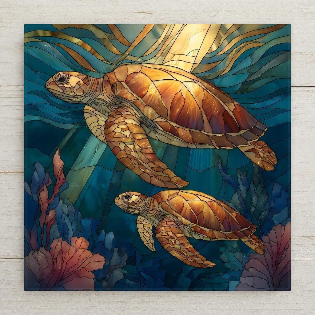 Stained glass style ceramic tile featuring two golden sea turtles swimming through deep blue ocean waves with radiant sunlight streaming from above. Jewel-toned coastal wall art for beach house decor and turtle lovers.