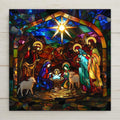 Home decor stained glass–style ceramic tile featuring the Nativity scene with Mary, Joseph, Baby Jesus, the Three Wise Men, and barn animals under the Star of Bethlehem. While it may look like stained glass or mosaic, this is a permanent print on tile. Printed with premium inks for lasting vivid color. Optional add-ons include a tile wall hanger, easel tile stand, or cork backing. Perfect for Christmas décor, spiritual wall art, or meaningful holiday gifts.