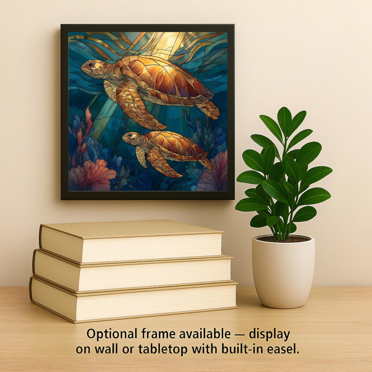 Sea Turtle Stained Glass Style Ceramic Art Tile – Coastal Ocean Wall Decor, Nautical Beach House Gift