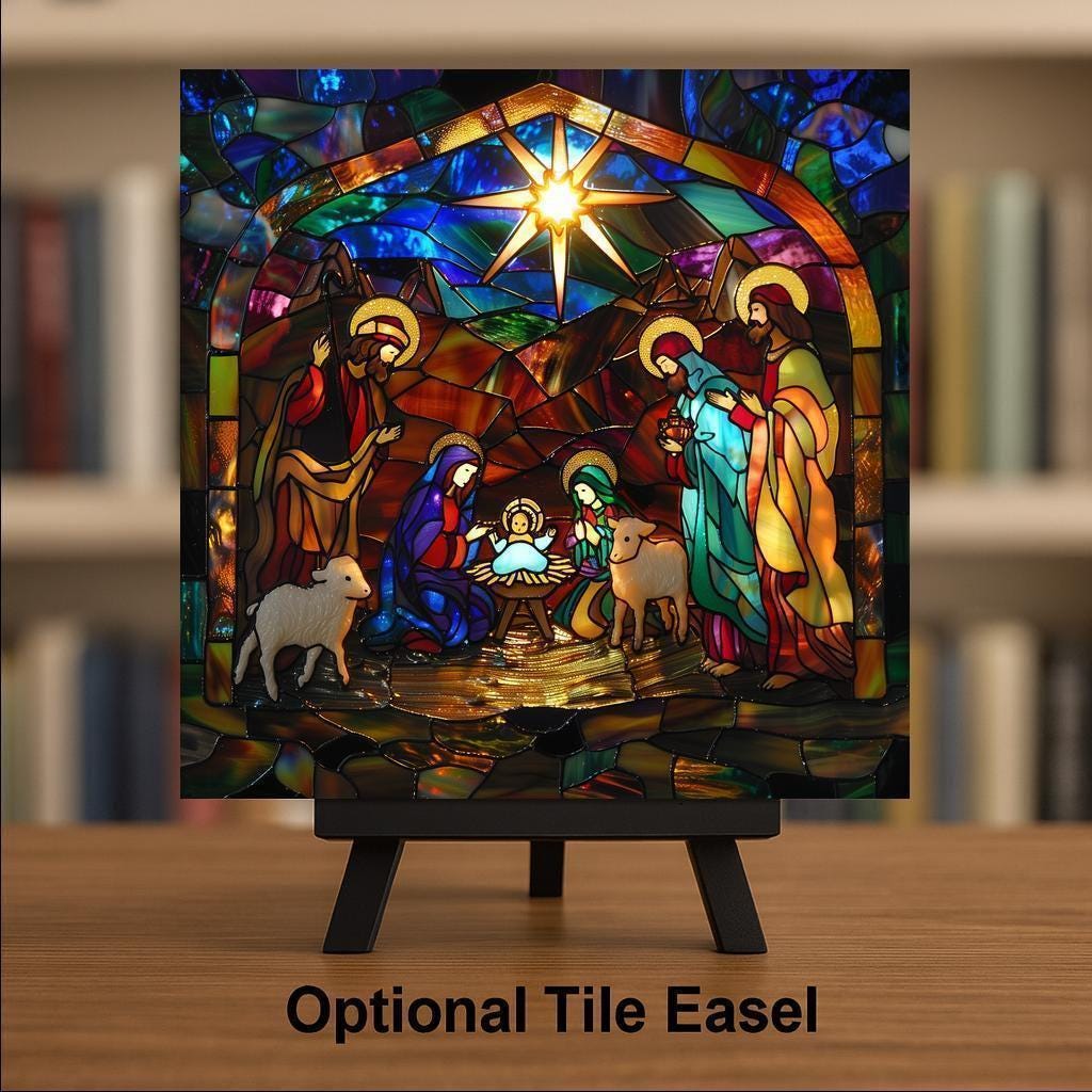 Nativity Wall Art Ceramic Tile Stained Glass Style Christmas Gift Holy Family Decor Religious Nature Art
