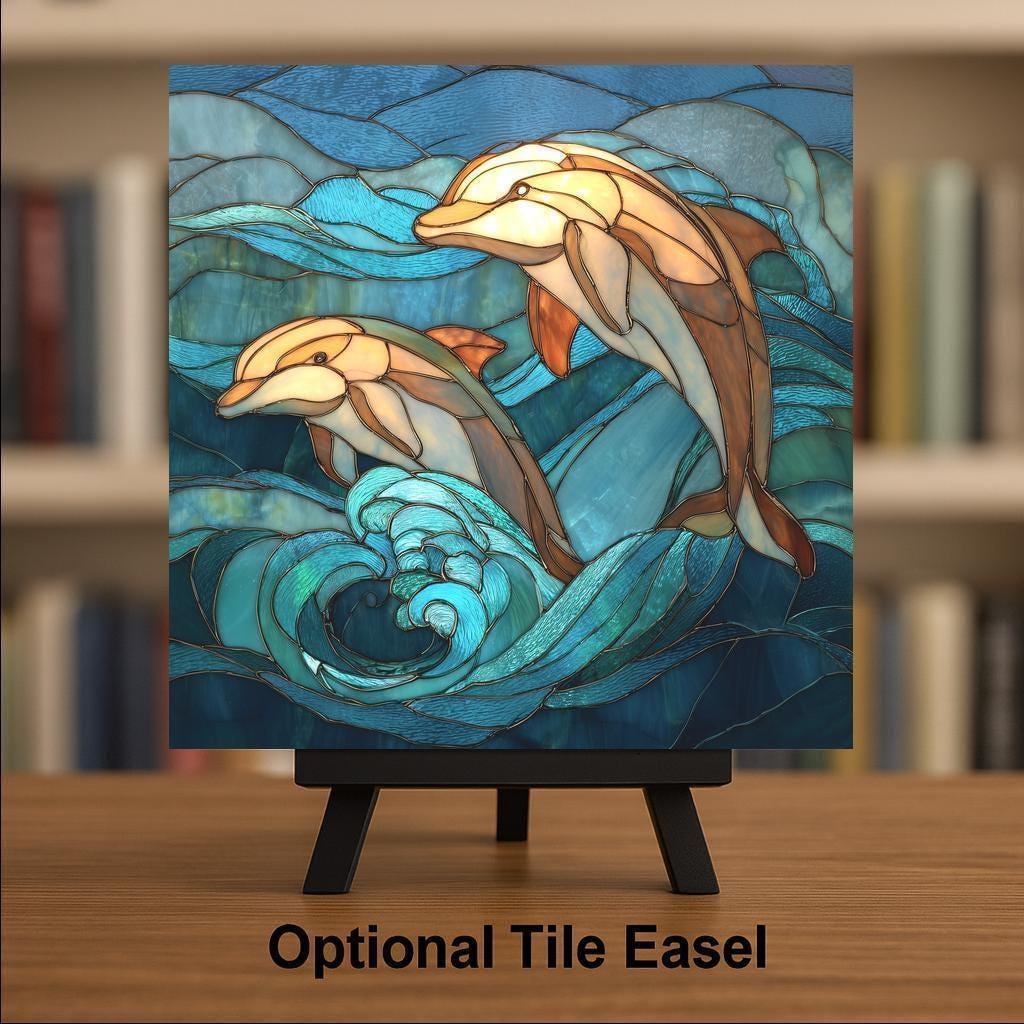 Dolphin Wall Art Ceramic Tile Stained Glass Style Ocean Gift Coastal Waves Decor Nature Art Wildlife