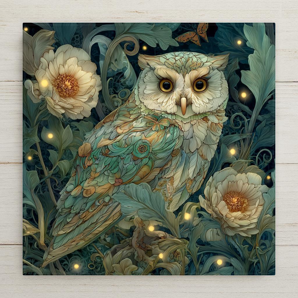 Owl ceramic tile wall art featuring a botanical stained glass-style owl surrounded by flowing leaves, flowers, and soft glowing accents. Nature-inspired owl wall decor printed on ceramic tile with fine detail and rich green tones. Designed for shelf or wall display with optional tile wall hanger, easel tile stand, cork backing, or premium frame.
