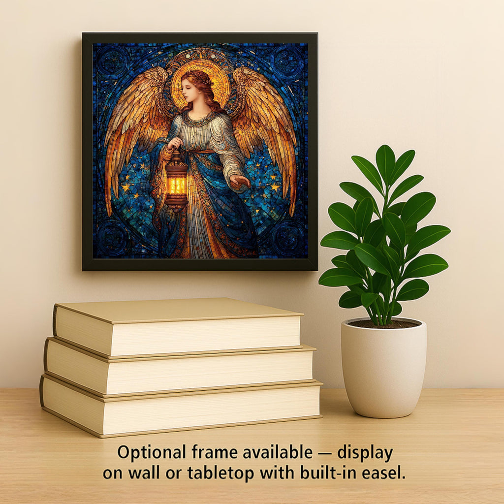 Lantern Angel Ceramic Art Tile – Stained Glass Style Spiritual Wall Decor, Christian Guardian Angel Gift