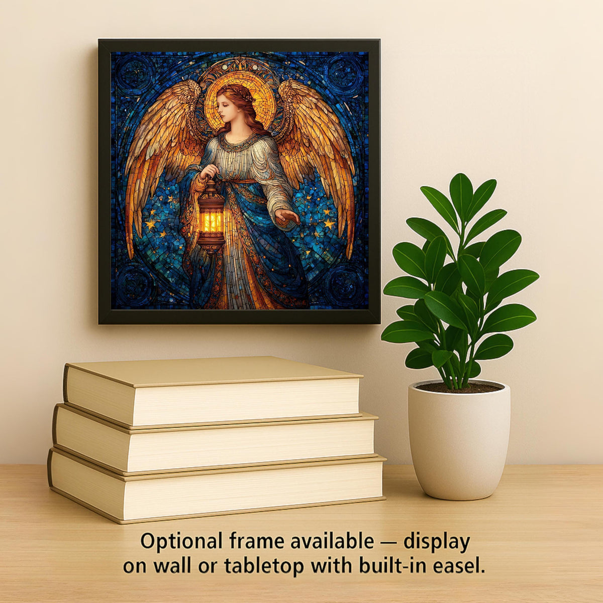 Lantern Angel Ceramic Art Tile – Stained Glass Style Spiritual Wall Decor, Christian Guardian Angel Gift