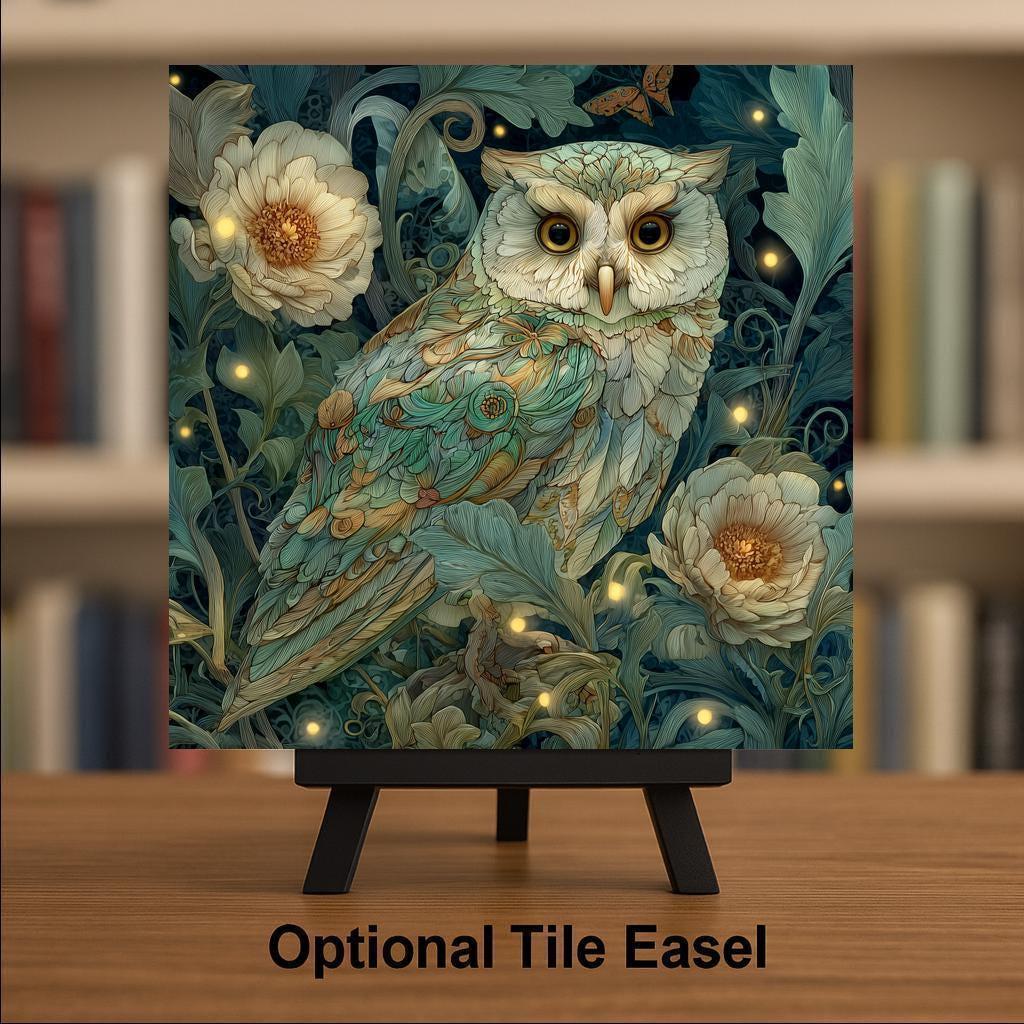 Owl Stained Glass Style Ceramic Art Tile – Botanical Nature Wall Decor, Woodland Owl Lover Gift