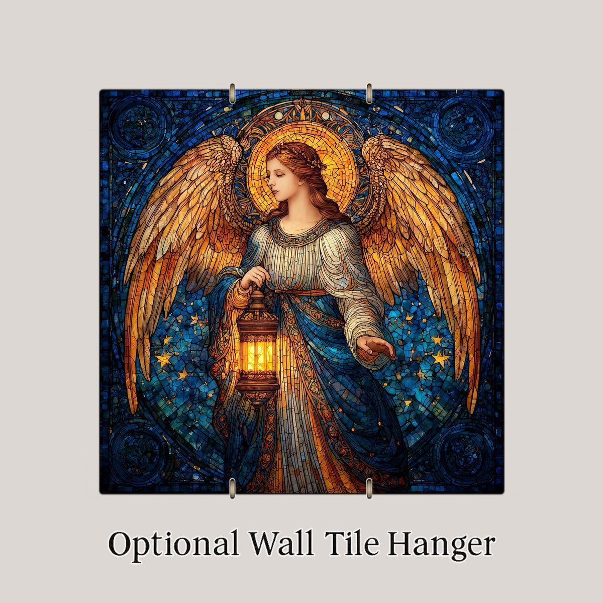 Lantern Angel Ceramic Art Tile – Stained Glass Style Spiritual Wall Decor, Christian Guardian Angel Gift