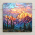 Denali ceramic tile wall art featuring a stained glass–style mountain landscape with glowing alpine peaks, layered skies, and evergreen valleys inspired by Alaska’s Denali. This peaceful, dramatic artwork is a permanent high-resolution print on ceramic tile, ideal for meaningful home decor and mountain-inspired wall display.