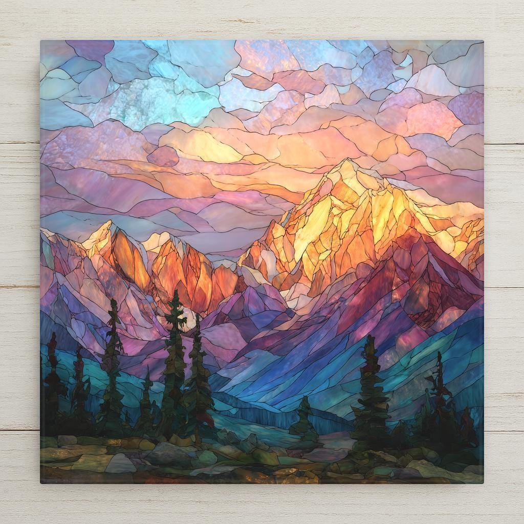 Denali ceramic tile wall art featuring a stained glass–style mountain landscape with glowing alpine peaks, layered skies, and evergreen valleys inspired by Alaska’s Denali. This peaceful, dramatic artwork is a permanent high-resolution print on ceramic tile, ideal for meaningful home decor and mountain-inspired wall display.