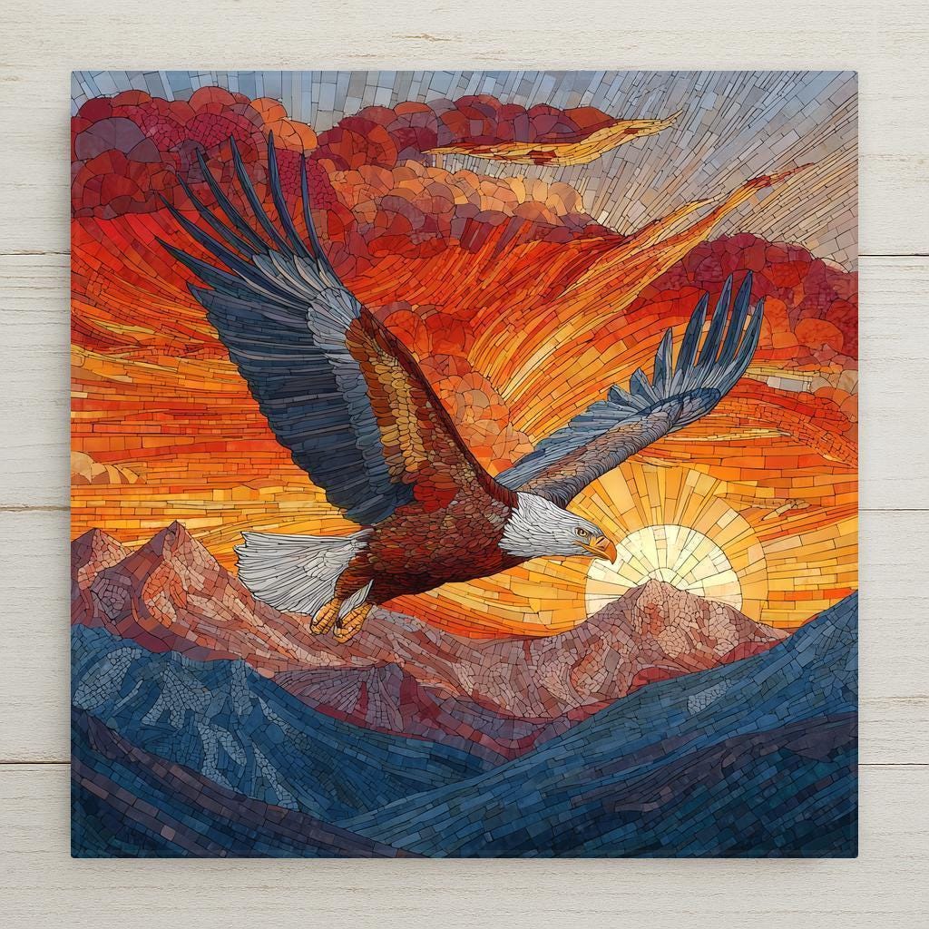 Bald eagle flying over glowing orange sunset and mountain landscape in stained glass style, vivid mosaic texture with warm and cool tones.