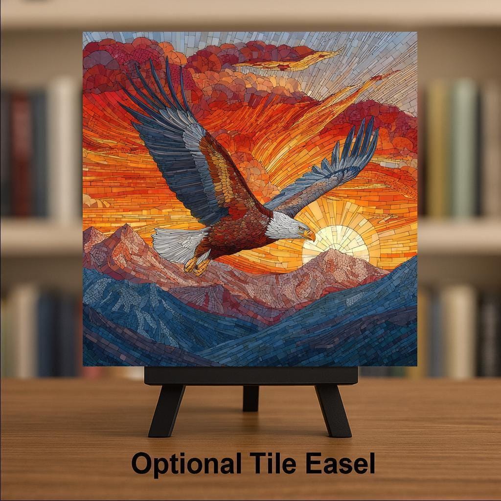 Bald Eagle Stained Glass Style Ceramic Art Tile – Mountain Sunset Wall Decor, Patriotic Wildlife Nature Gift