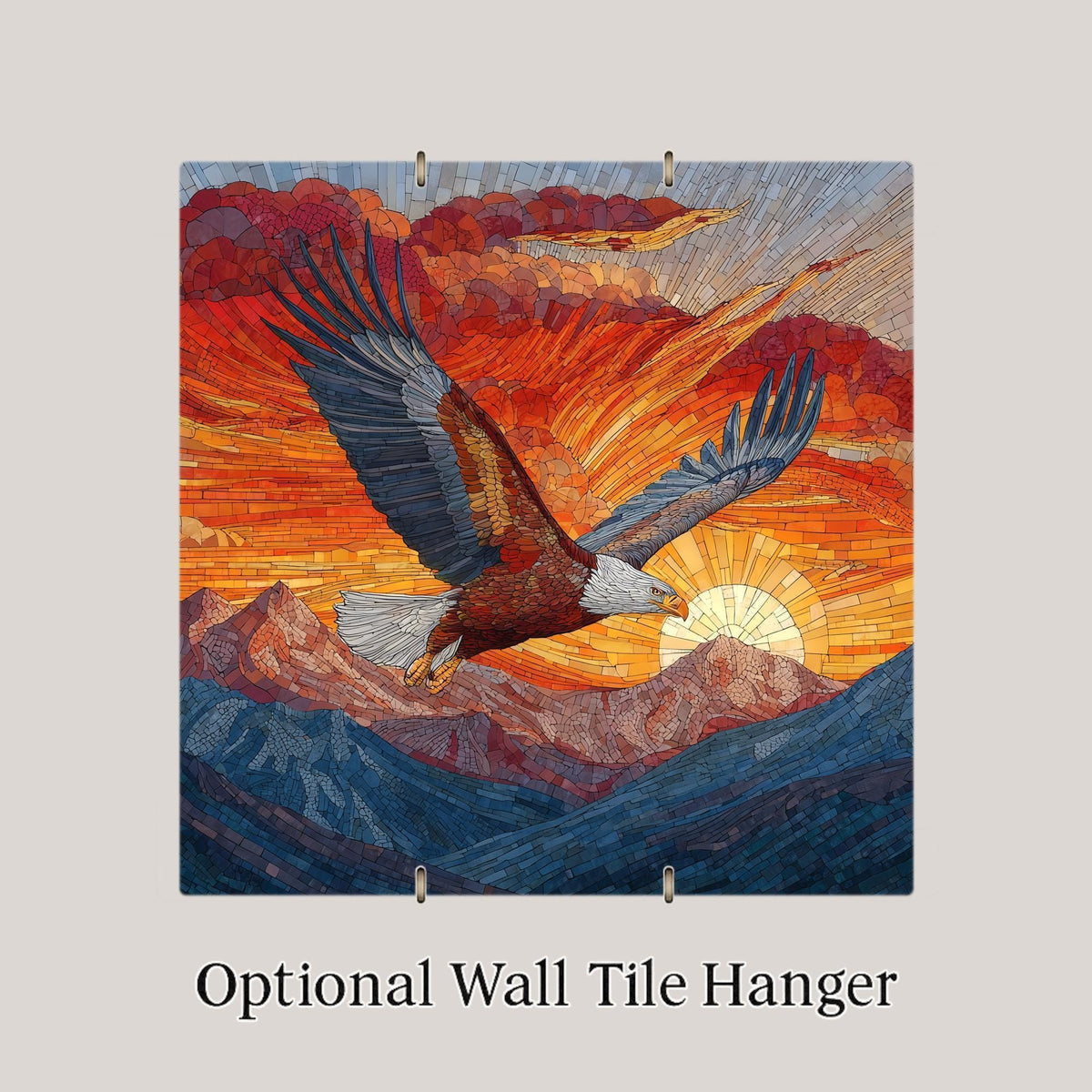 Bald Eagle Stained Glass Style Ceramic Art Tile – Mountain Sunset Wall Decor, Patriotic Wildlife Nature Gift