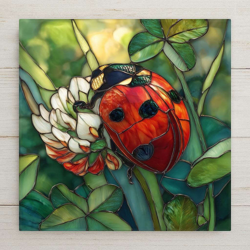 Red ladybug on white clover flower with green leaves in stained glass style, ceramic tile wall art.