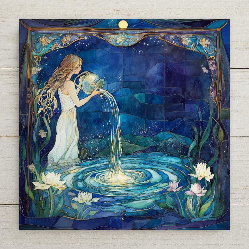 Stained glass style ceramic art tile of an art nouveau Aquarius water bearer goddess pouring water among lotus flowers under a starry night sky, celestial astrology zodiac wall decor in deep blue and gold.