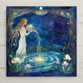 Stained glass style ceramic art tile of an art nouveau Aquarius water bearer goddess pouring water among lotus flowers under a starry night sky, celestial astrology zodiac wall decor in deep blue and gold.