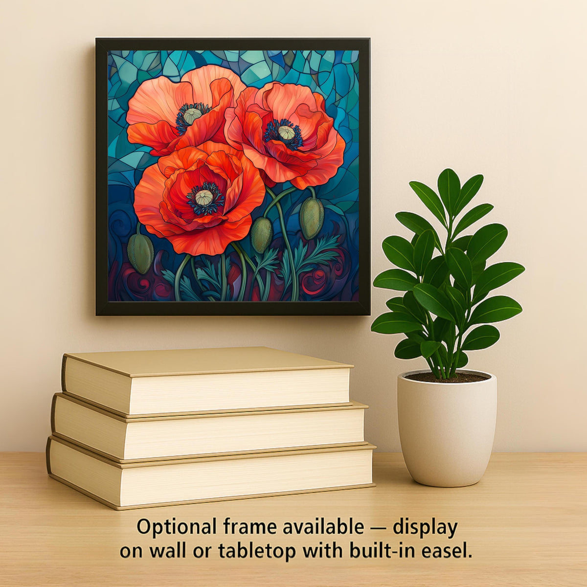 Red Poppy Stained Glass Style Ceramic Art Tile – August Birth Flower Wall Decor, Poppy Floral Remembrance Accent