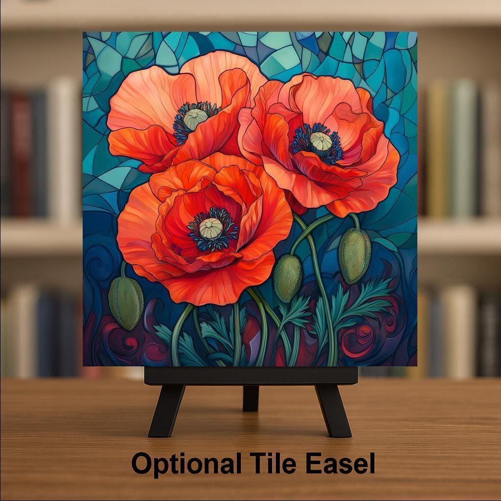 Red Poppy Stained Glass Style Ceramic Art Tile – August Birth Flower Wall Decor, Poppy Floral Remembrance Accent