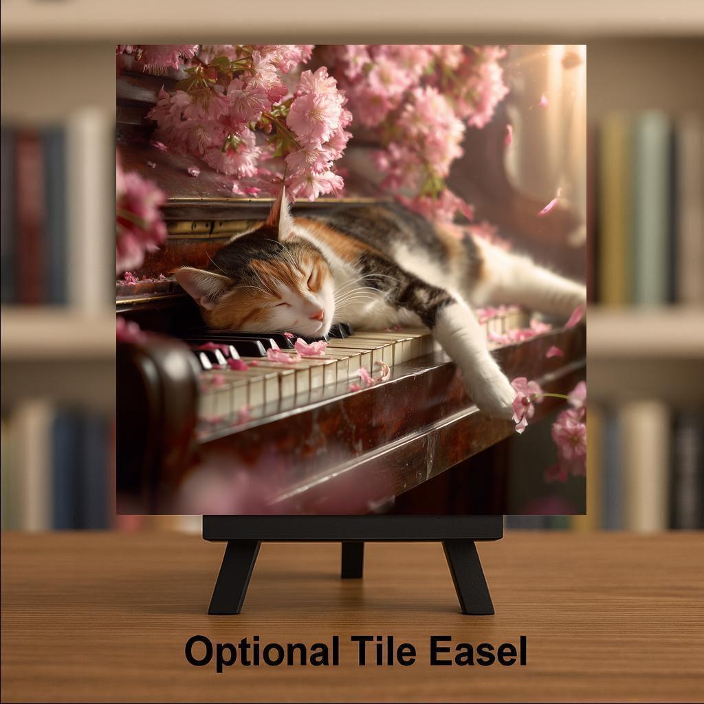 Sleeping Cat Piano Ceramic Art Tile – Stained Glass Style Cherry Blossom Wall Decor, Cat Music Lover Gift