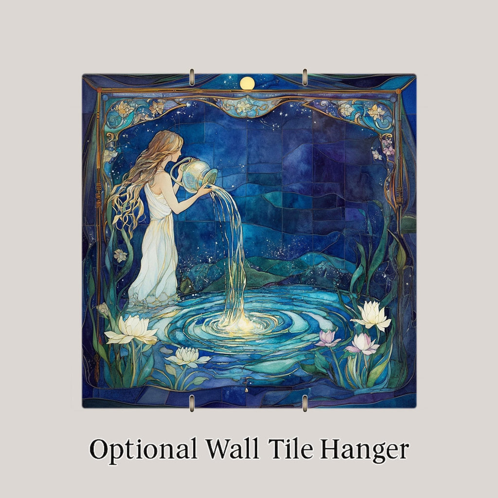 Aquarius Zodiac Stained Glass Style Ceramic Art Tile – Art Nouveau Celestial Astrology Wall Decor, Goddess Birthday Accent