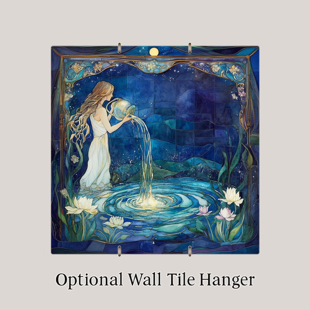 Aquarius Zodiac Stained Glass Style Ceramic Art Tile – Art Nouveau Celestial Astrology Wall Decor, Goddess Birthday Accent