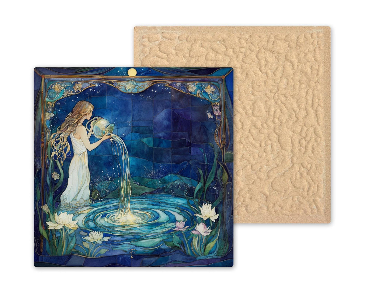 Aquarius Zodiac Stained Glass Style Ceramic Art Tile – Art Nouveau Celestial Astrology Wall Decor, Goddess Birthday Accent