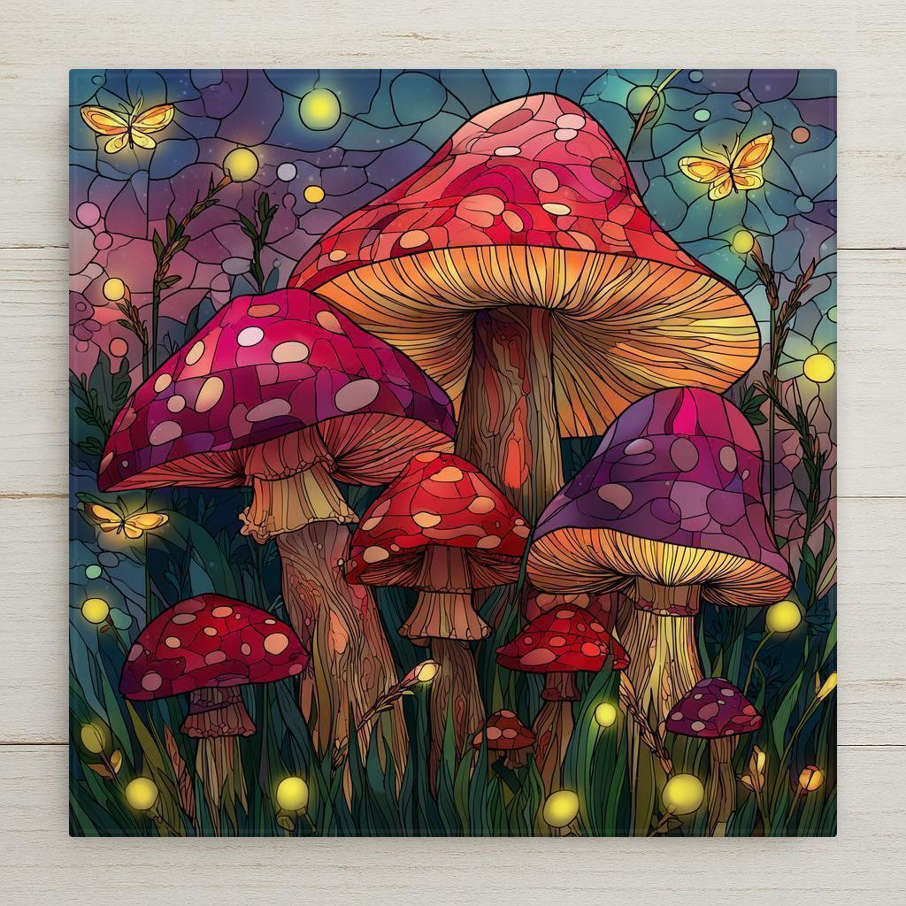 Stained-glass–style mushroom wall art featuring glowing toadstools, butterflies, and soft golden lights in an enchanted woodland setting. This luminous ceramic tile evokes magic, growth, and whimsy, making it charming home decor or a thoughtful fairycore gift. Optional wall hanger, easel stand, cork backing, or premium frame available.